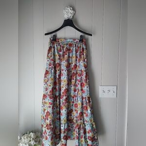 Floral Tiered Elastic Waist Brightly Colored Boho Women's Skirt Small